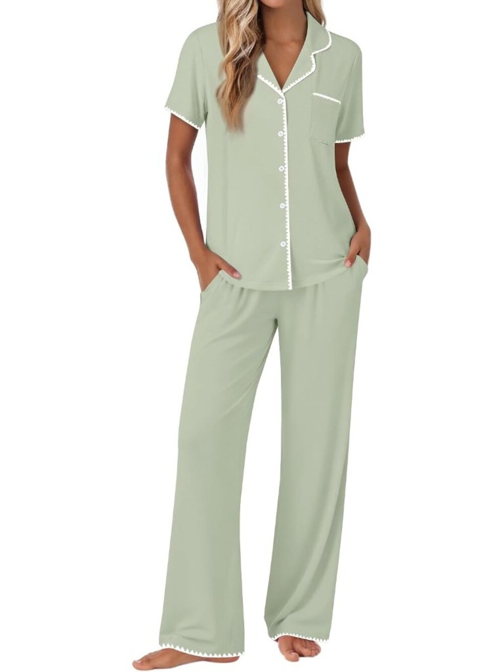 Women Green Short Sleeve Sleepwear Button Up Shirt Pajamas Set 2 Piece